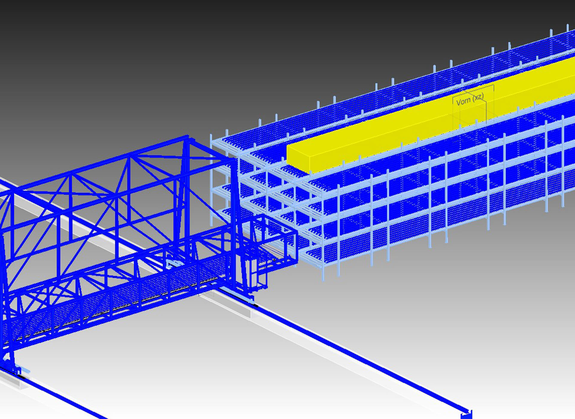3-D Darstellung eines feststehenden Blocklagerregals mit verfahrbarer Rampe 